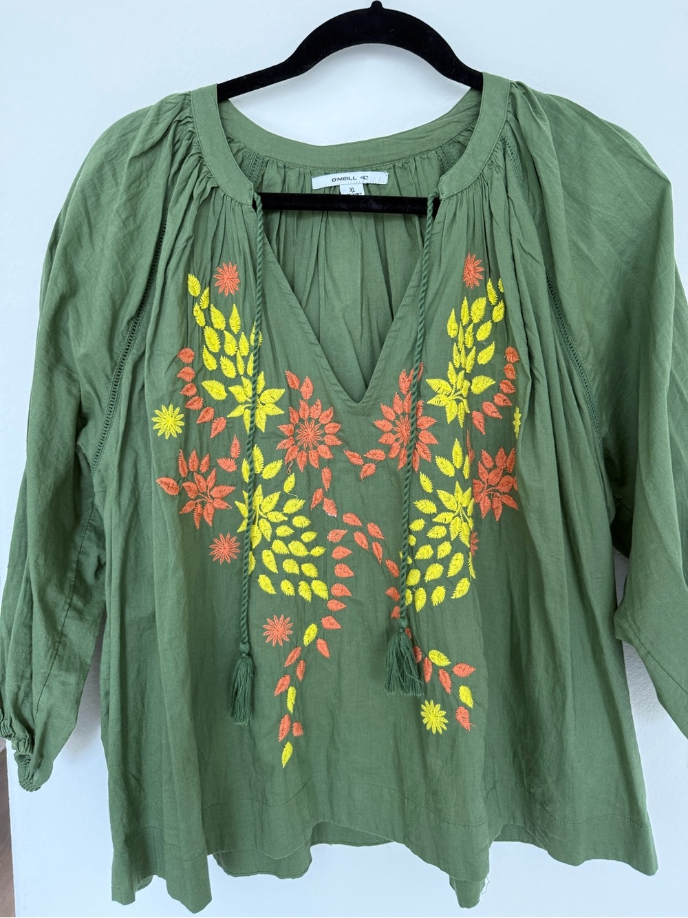 O'Neill Olive Green Embroidered V-Neck Peasant Blouse